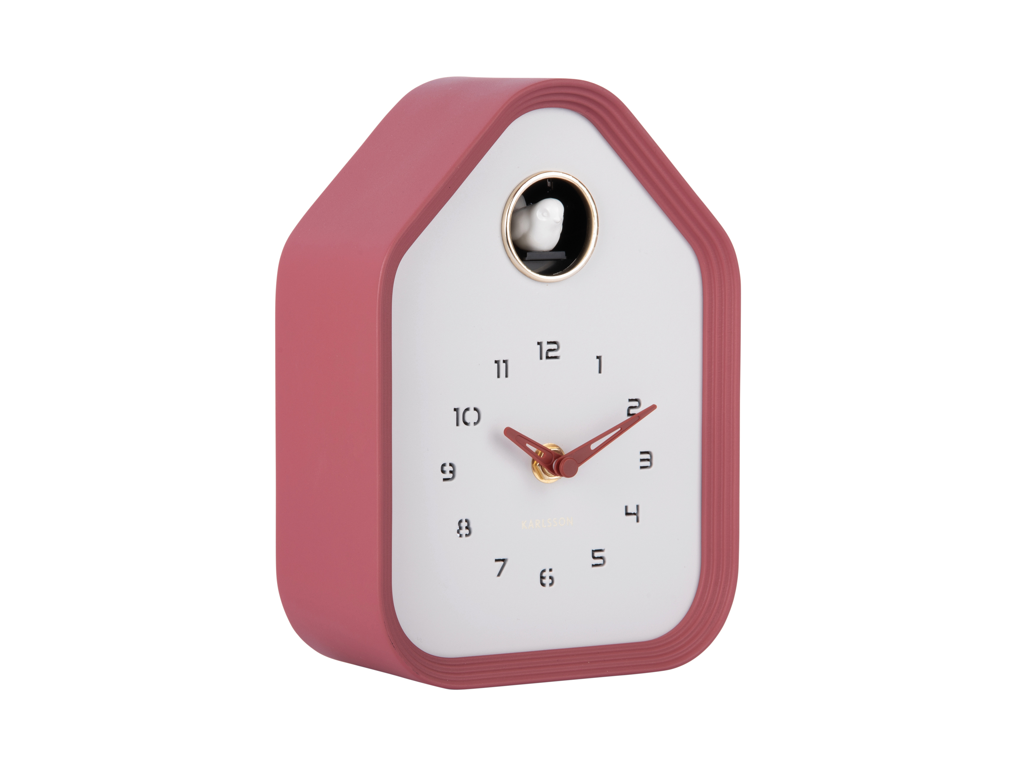 Horloge de table ou murale en forme de maison, contour rose blush et fond blanc, avec coucou blanc