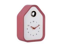 Horloge de table ou murale en forme de maison, contour rose blush et fond blanc, avec coucou blanc