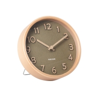 Horloge de table ronde en bois clair, cadran vert kaki aiguilles bois
