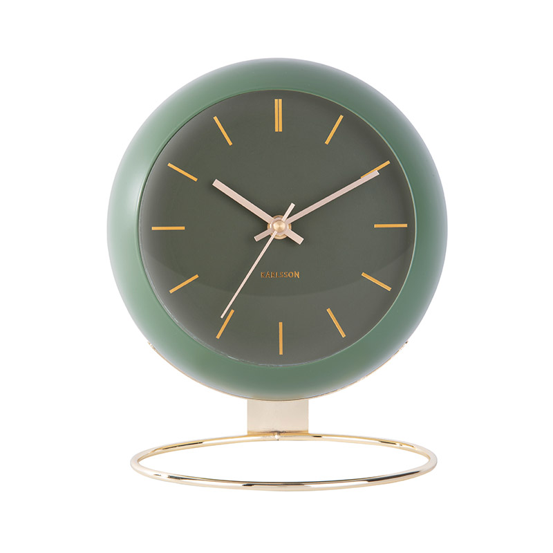 Horloge en forme de globe noir à poser, pied métal doré