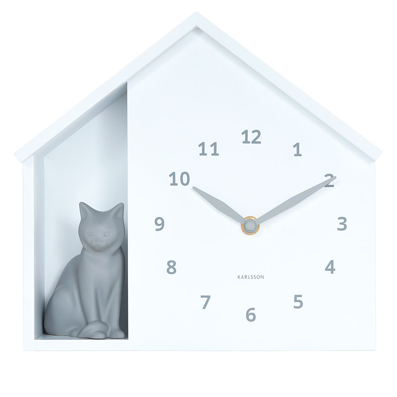 Horloge murale/à poser forme de maison en blanc avec chat gris