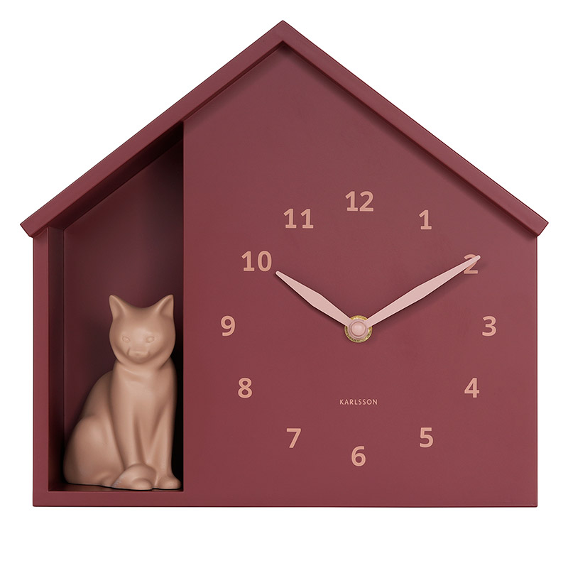 Horloge murale/à poser forme de maison en blanc avec chat gris