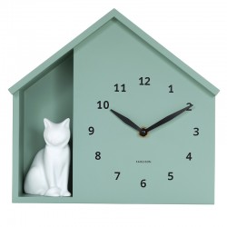 Horloge murale/à poser forme de maison en blanc avec chat gris