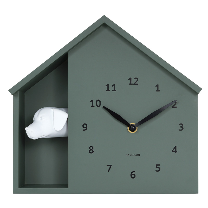 Horloge murale/à poser forme de maison noire avec tête de chien blanc