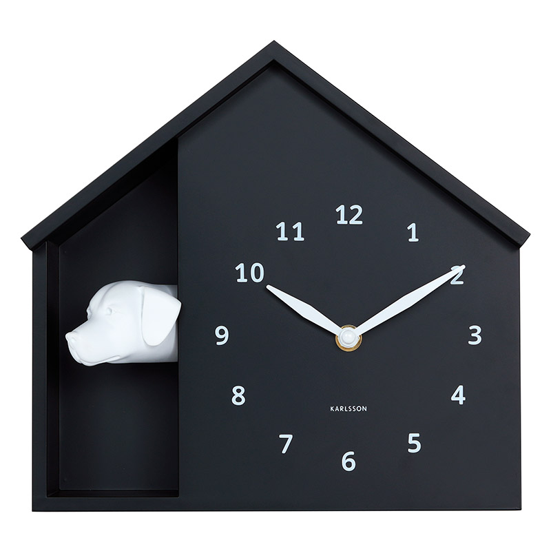 Horloge murale/à poser forme de maison noire avec tête de chien blanc