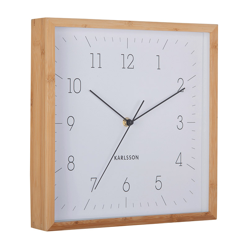 Horloge murale carrée en bambou avec cadran blanc