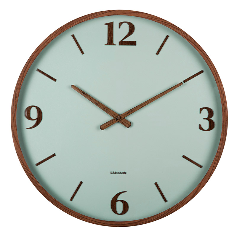 Horloge murale couleur bois et cadran vert pâle