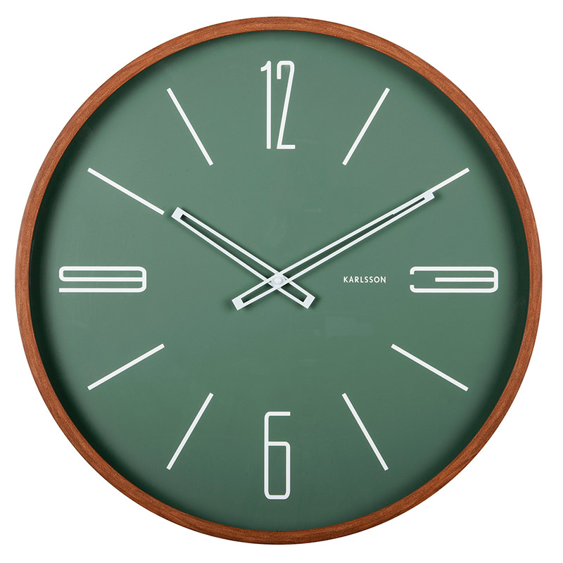 Horloge murale couleur bois foncé et cadran vert jungle