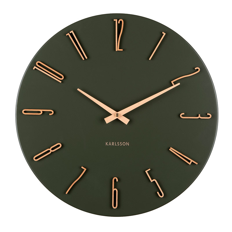 Horloge murale en fer vert kaki, chiffres en finition métallique