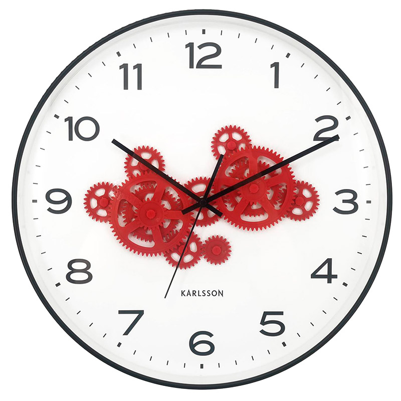 Horloge murale forme ronde noire avec engrenage rouge