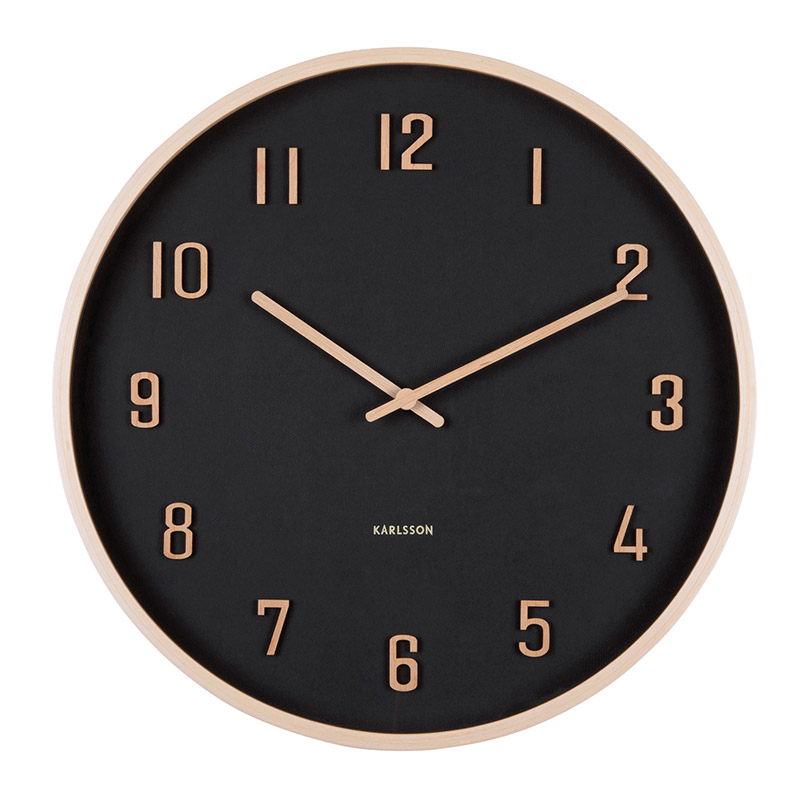 Horloge murale ronde en noir et bois de tilleul naturel, chiffres en relief