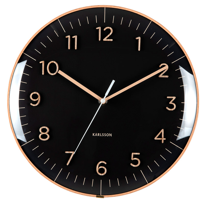 Horloge murale ronde noir, cadran bombé et chiffres en bois naturel
