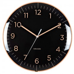 Horloge murale ronde noir, cadran bombé et chiffres en bois naturel