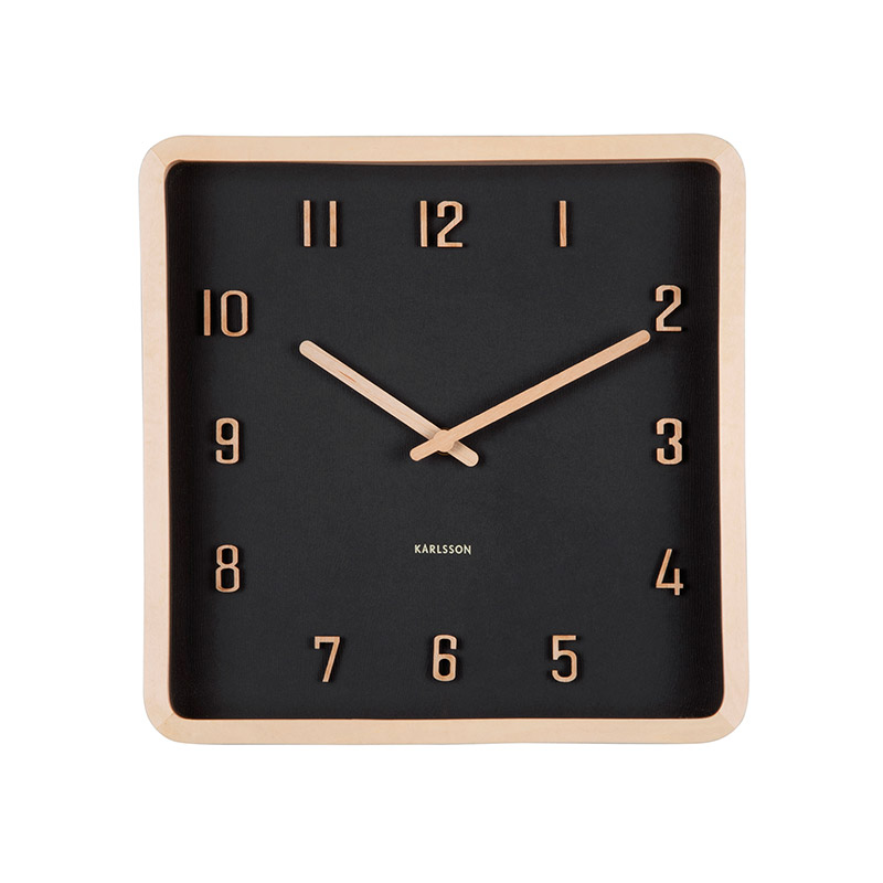 Horloge murale/table carré en noir et bois de tilleul naturel, chiffres en relief