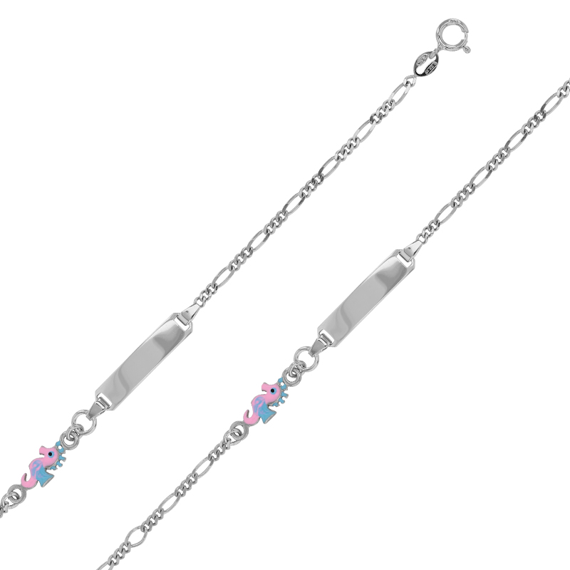 Identité bébé argent 925/1000 rhodié orné d'un hippocampe en émail rose et bleu