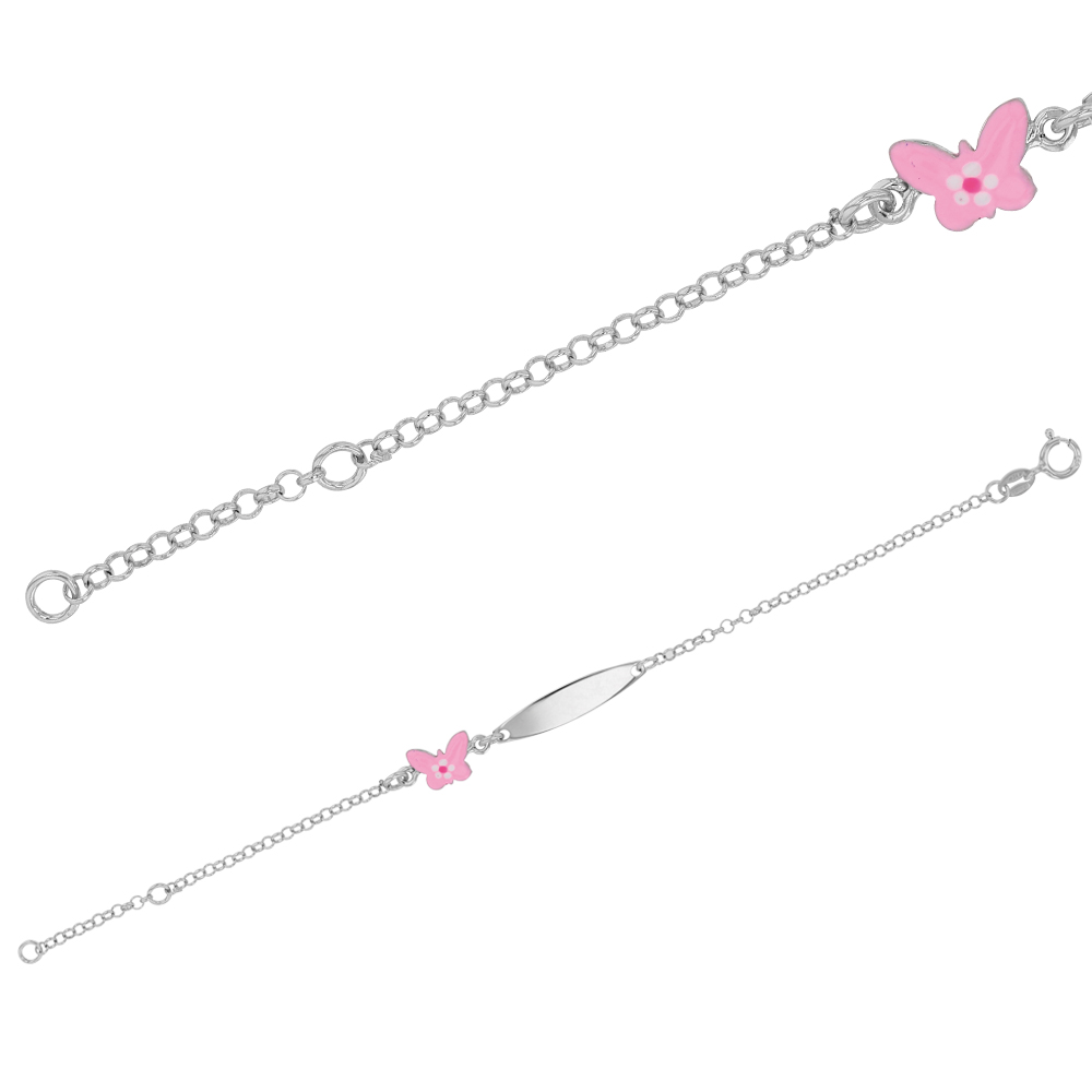 Identité bébé ovale en argent 925/1000 rhodié ornée d'un papillon rose en émail