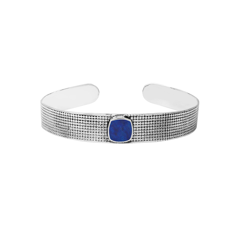 Jonc homme lapis-lazuli carré extra plate, motif ronds argent 925/1000