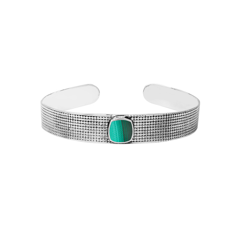 Jonc homme malachite carrée extra plate, motif ronds argent 925/1000