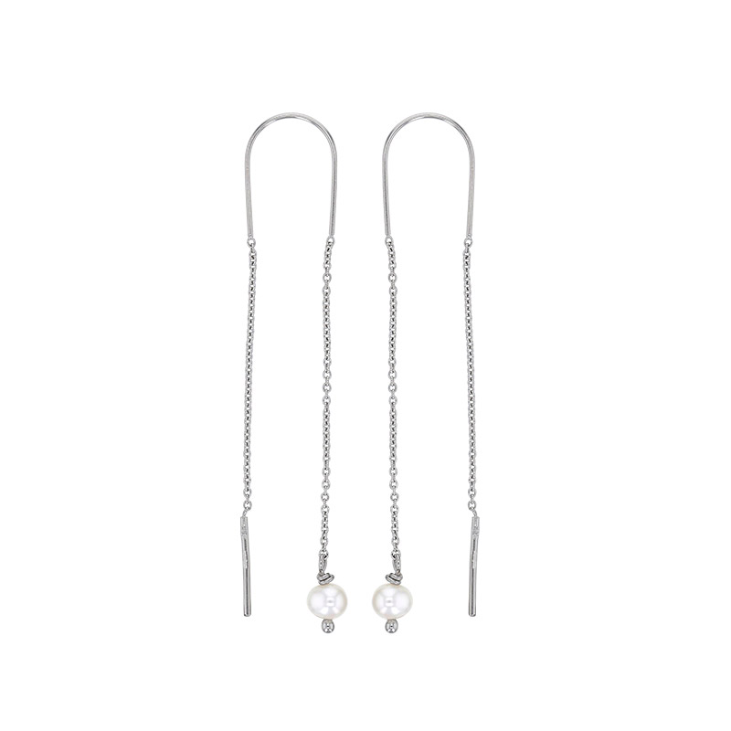 Longs fils d'oreilles perle de culture d'eau douce, argent 925/1000 platiné