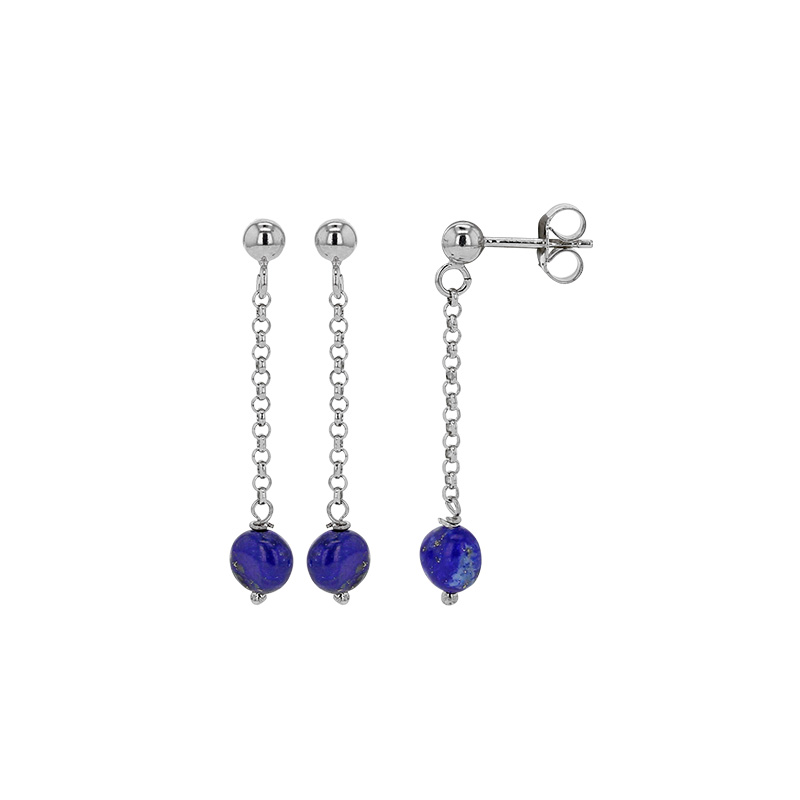 Longues boucles d'oreilles ornées d'une pierre de Lapis-lazuli, argent 925/1000 platiné