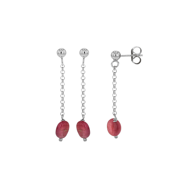 Longues boucles d'oreilles ornées d'une pierre de Tourmaline rose, argent 925/1000 platiné