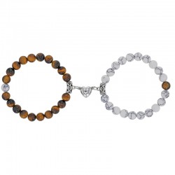 Lot de 2 bracelets élastiques assemblés avec un coeur magnétique avec boules oeil de tigre en acier