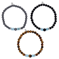 Lot de 3 bracelets homme Larimar avec Onyx mat, Oeil de tigre et Hématite, argent 925/1000