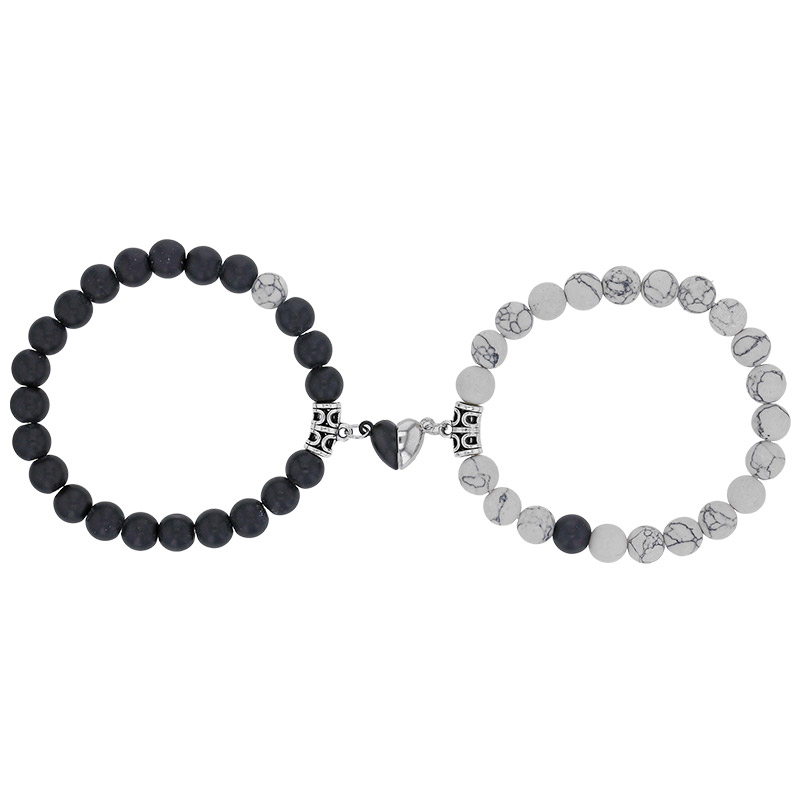 Lot de 2 bracelets élastiques assemblés avec un coeur magnétique avec boules agate en acier