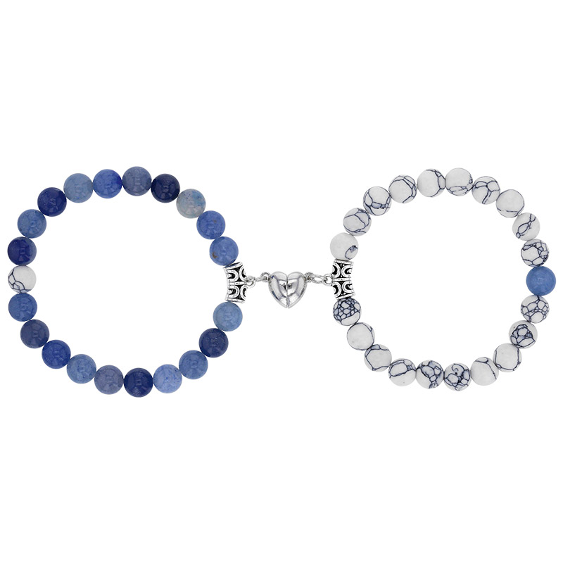 Lot de 2 bracelets élastiques assemblés avec un coeur magnétique avec boules jade en acier