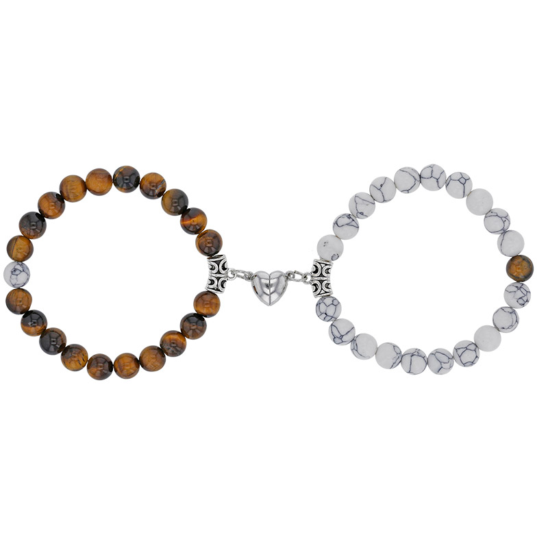 Lot de 2 bracelets élastiques assemblés avec un coeur magnétique avec boules oeil de tigre en acier