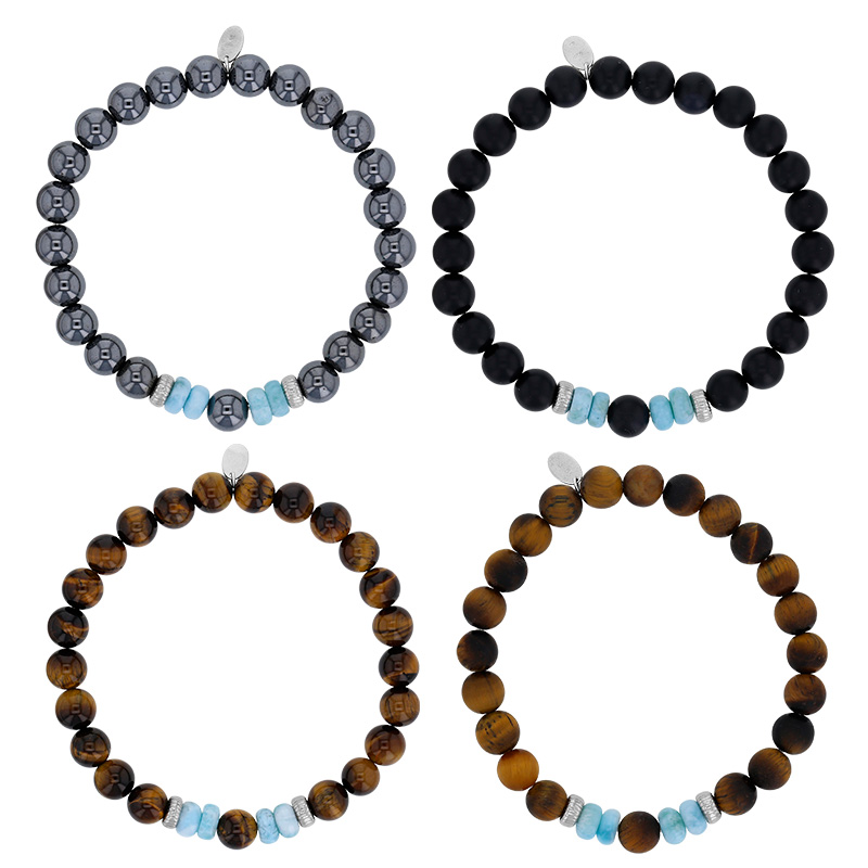 Lot de 4 bracelets homme Larimar avec Onyx mat, Oeil de tigre et Hématite, argent 925/1000