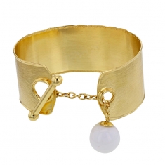 Manchette brossée avec barre et boule pierre imitation blanche, argent 925/1000 doré