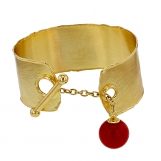 Manchette brossée avec barre et boule pierre imitation corail, argent 925/1000 doré