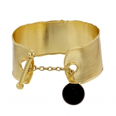 Manchette brossée avec barre et boule pierre imitation noire, argent 925/1000 doré