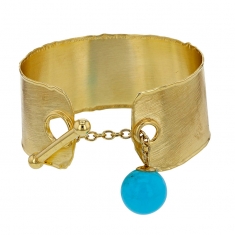 Manchette brossée avec barre et boule turquoise reconstituée, argent 925/1000 doré