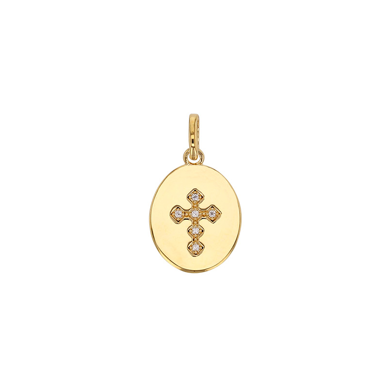 Médaille ovale croix sertie d'oxydes, 12 x 17mm, plaqué or