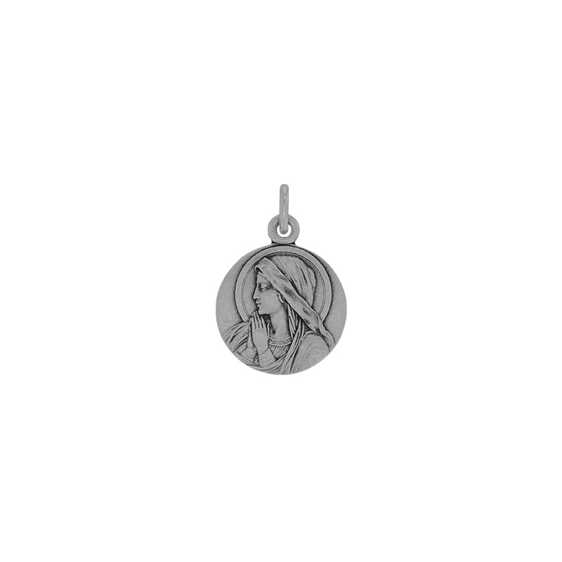 Médaille Vierge Ave Maria en prière auréolée, argent 925/1000 vieilli