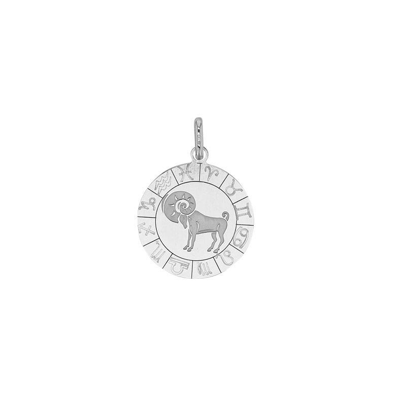 Médaille zodiaque Bélier gravé, argent 925/1000 rhodié