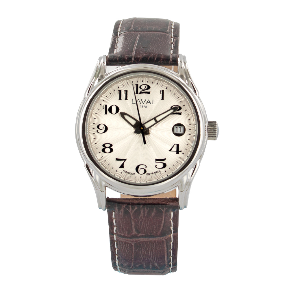 Montre automatique cadran blanc, bracelet refente de cuir de buffle marron aspect crocodile, dato 3h