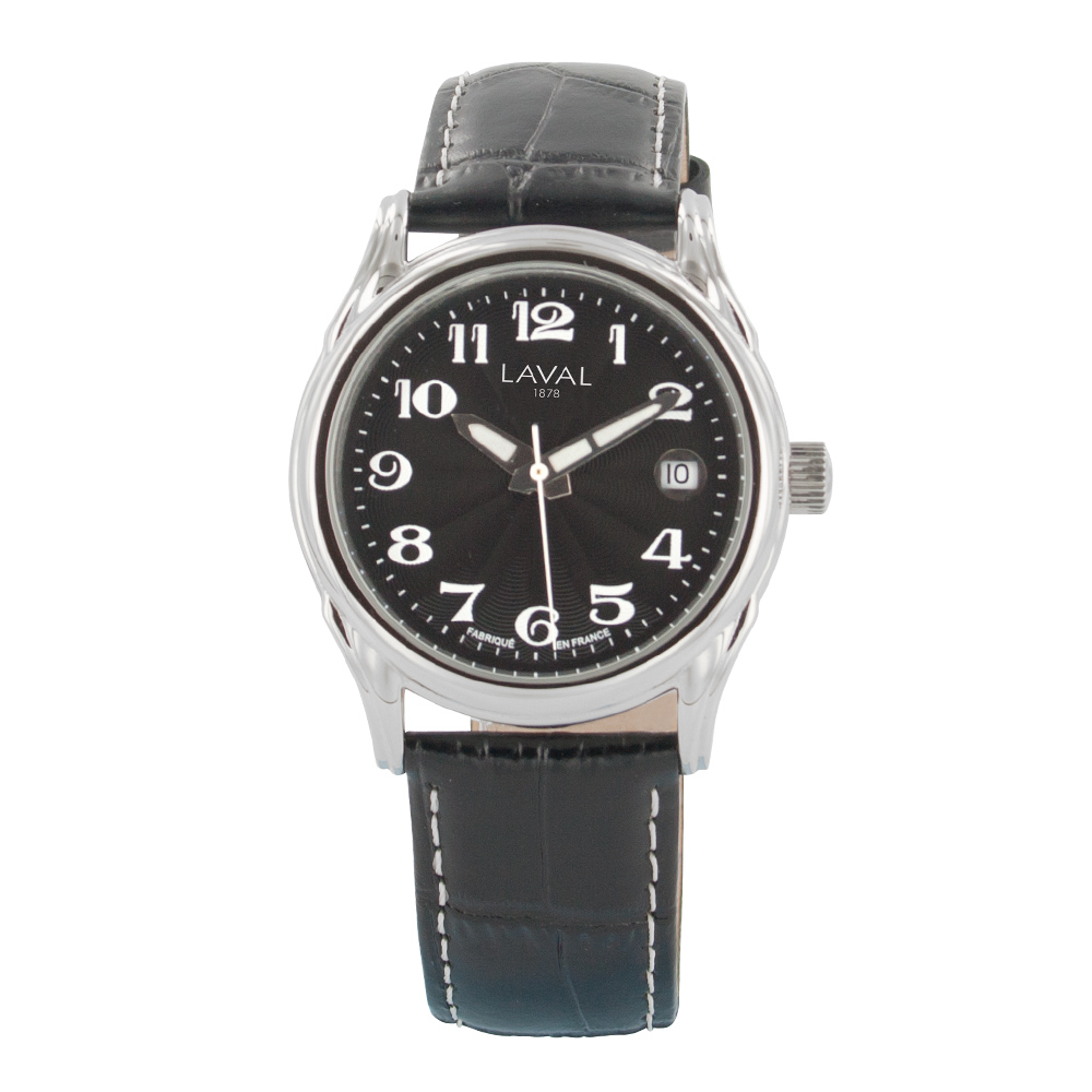 Montre automatique cadran noir, bracelet refente de cuir de buffle noire aspect crocodile, dato 3h
