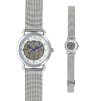 Montre automatique squelette argentée, aiguilles bleues, pierres synthétiques, bracelet milanais