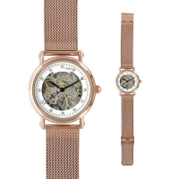 Montre automatique squelette doré-rose, aiguilles noires, pierres synthétiques, bracelet milanais