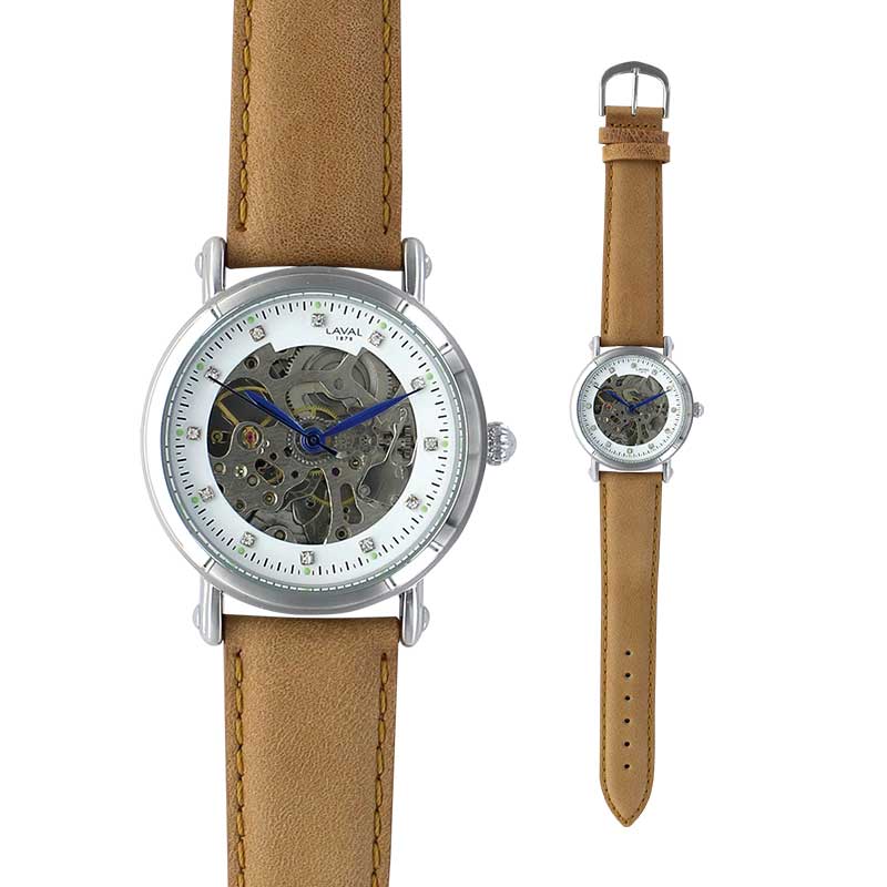 Montre dame automatique squelette boîtier métal, aiguilles bleues bracelet synthétique beige