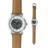 Montre dame automatique squelette boîtier métal, aiguilles bleues bracelet synthétique beige