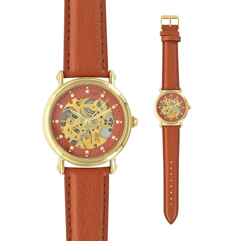 Montre dame automatique squelette boîtier métal doré, bracelet synthétique marron
