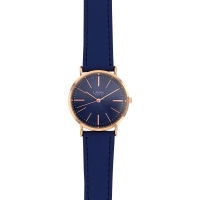 Montre dame boîtier métal doré rose, bracelet cuir de bovin bleu marine, mvt miyota 2035