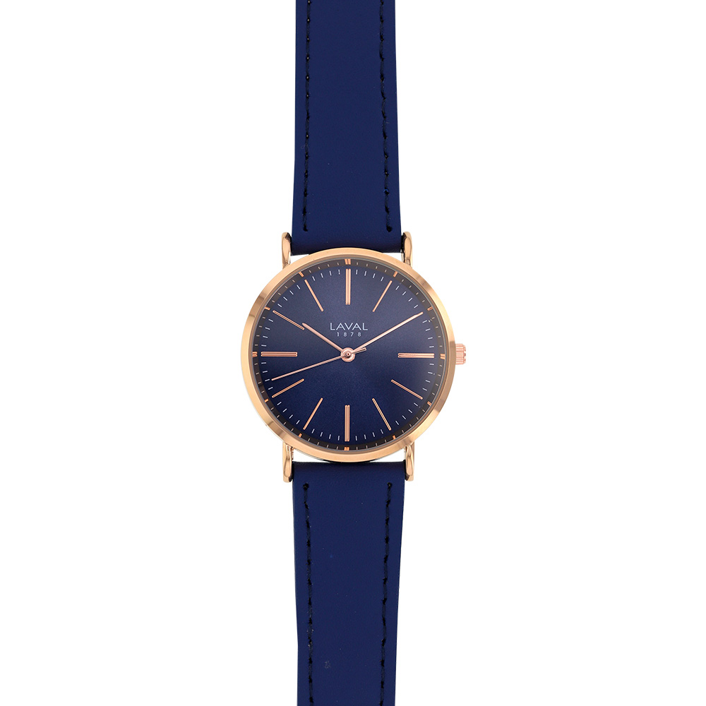 Montre dame boîtier métal doré rose, bracelet cuir de bovin bleu marine, mvt miyota 2035