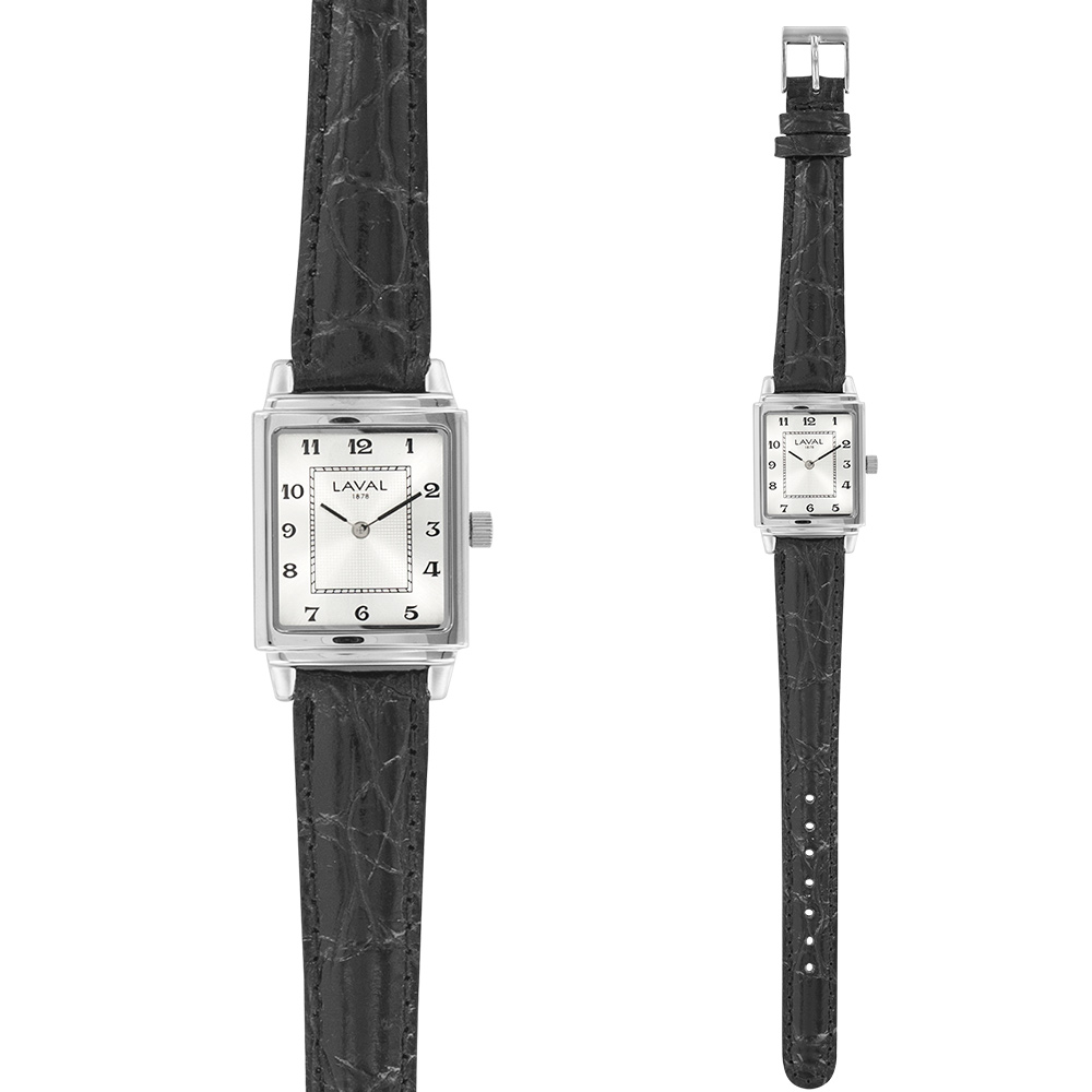 Montre dame étanche, boîtier acier rectangle, bracelet refente de cuir de buffle aspect crocodile