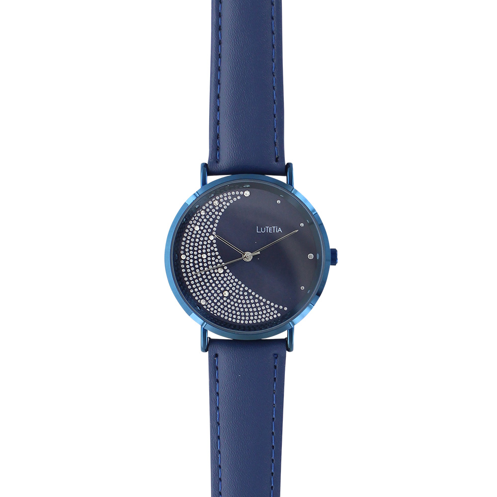 Montre dame Lutetia bleu, cadran 'lune' en pierres synthétiques et bracelet synthétique