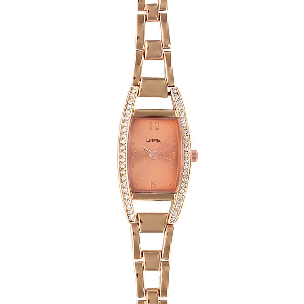 Montre dame Lutetia boîtier ovale serti de pierres synthétique et bracelet en métal doré rose